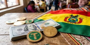 Monedas de USDT con dólares y la bandera de Bolivia sobre una mesa.
