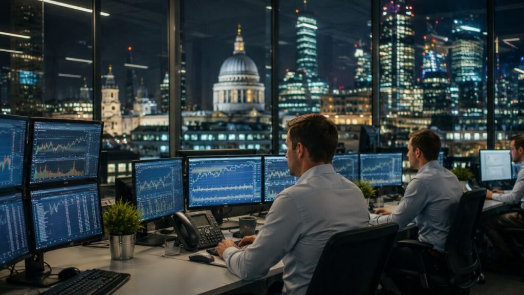 Analistas financieros operando en pantallas de trading nocturno con la catedral de San Pablo de Londres al fondo.