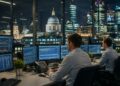 Analistas financieros operando en pantallas de trading nocturno con la catedral de San Pablo de Londres al fondo.