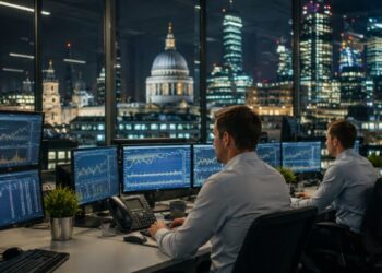 Analistas financieros operando en pantallas de trading nocturno con la catedral de San Pablo de Londres al fondo.