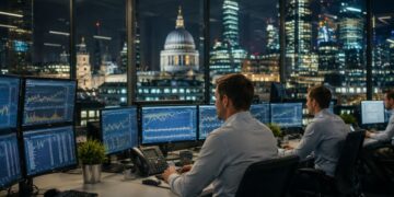 Analistas financieros operando en pantallas de trading nocturno con la catedral de San Pablo de Londres al fondo.