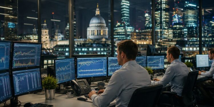Analistas financieros operando en pantallas de trading nocturno con la catedral de San Pablo de Londres al fondo.