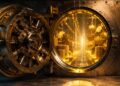 Bóveda bancaria tradicional abierta que revela un interior digital dorado con monedas.