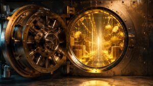 Bóveda bancaria tradicional abierta que revela un interior digital dorado con monedas.