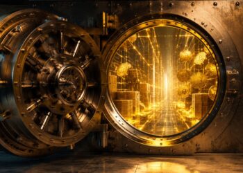 Bóveda bancaria tradicional abierta que revela un interior digital dorado con monedas.
