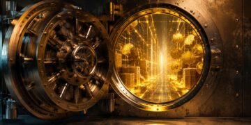 Bóveda bancaria tradicional abierta que revela un interior digital dorado con monedas.