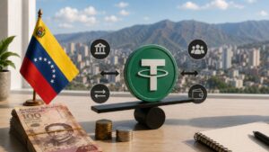 Al fondo el paisaje de Caracas y en primer plano la bandera de Venezuela y el logo de USDT.