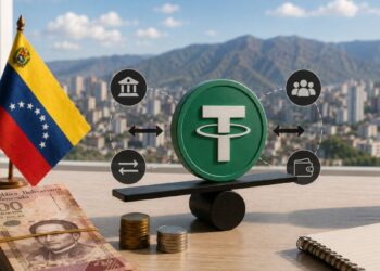 Al fondo el paisaje de Caracas y en primer plano la bandera de Venezuela y el logo de USDT.