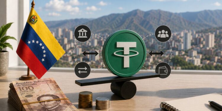 Al fondo el paisaje de Caracas y en primer plano la bandera de Venezuela y el logo de USDT.