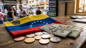 Dólares en efectivo junto a monedas de USDT sobre una mesa con la bandera de Venezuela.