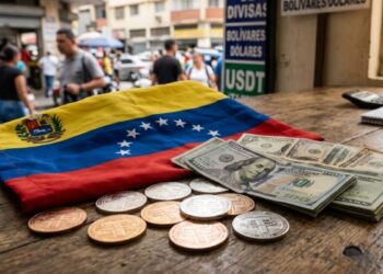Dólares en efectivo junto a monedas de USDT sobre una mesa con la bandera de Venezuela.