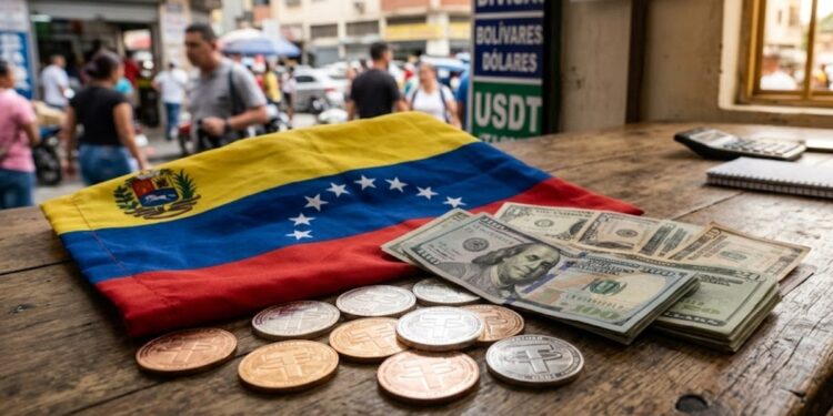 Dólares en efectivo junto a monedas de USDT sobre una mesa con la bandera de Venezuela.