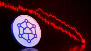 Logo de STORJ y gráfico de precio genérico en rojo, cayendo.
