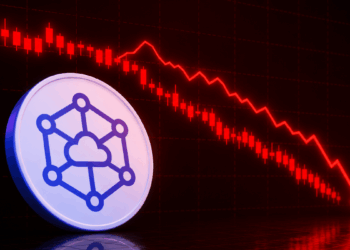 Logo de STORJ y gráfico de precio genérico en rojo, cayendo.