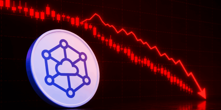 Logo de STORJ y gráfico de precio genérico en rojo, cayendo.