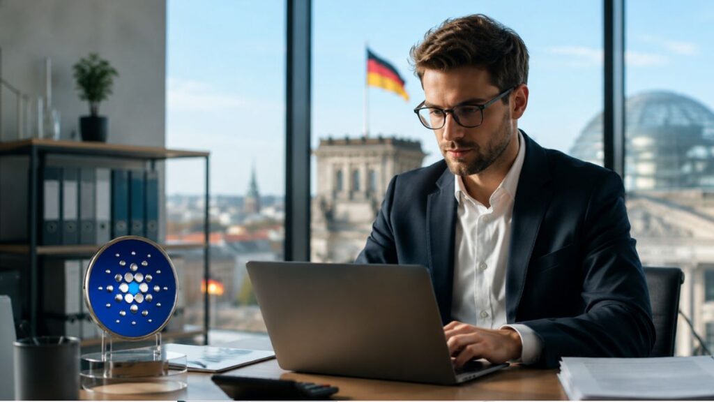 Hombre de negocios trabajando junto al logo de Cardano con el Reichstag y la bandera de Alemania al fondo.