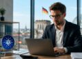 Hombre de negocios trabajando junto al logo de Cardano con el Reichstag y la bandera de Alemania al fondo.
