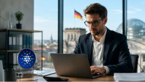 Hombre de negocios trabajando junto al logo de Cardano con el Reichstag y la bandera de Alemania al fondo.
