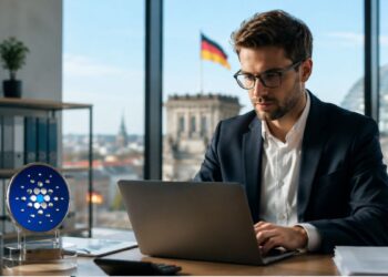 Hombre de negocios trabajando junto al logo de Cardano con el Reichstag y la bandera de Alemania al fondo.