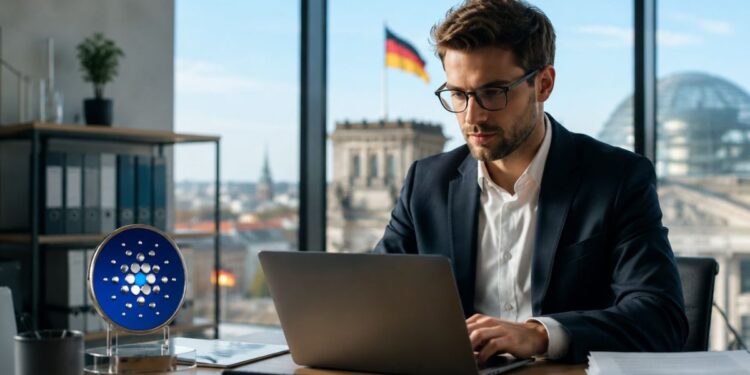 Hombre de negocios trabajando junto al logo de Cardano con el Reichstag y la bandera de Alemania al fondo.