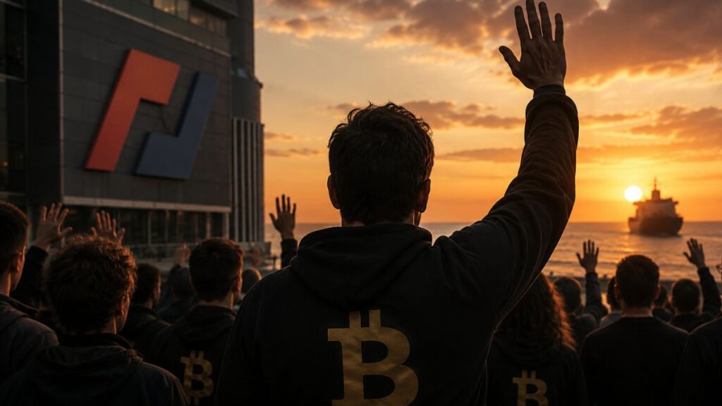 CEO y ejecutivos de exchanges despidiéndose al atardecer frente al mar.