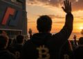 CEO y ejecutivos de exchanges despidiéndose al atardecer frente al mar.