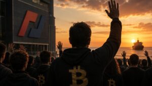 CEO y ejecutivos de exchanges despidiéndose al atardecer frente al mar.