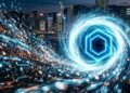 Tokens fluyendo hacia un vórtice con el logo de Chainlink.