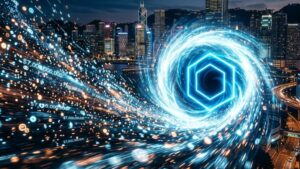 Tokens fluyendo hacia un vórtice con el logo de Chainlink.