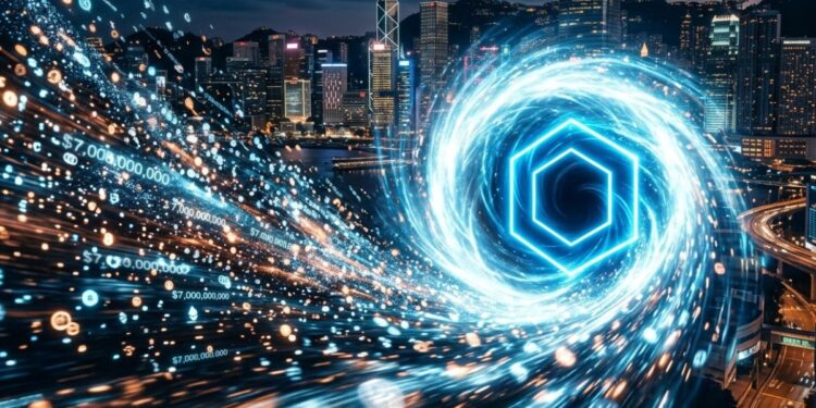 Tokens fluyendo hacia un vórtice con el logo de Chainlink.