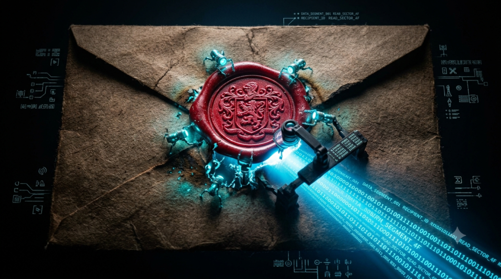 Primer plano de un sobre de papel antiguo, cerrado con un sello de lacre rojo, del que emana una luz digital azulada por una rendija abierta, como si un ojo electrónico lo atravesara sin romperlo. Fondo oscuro, casi negro. El lacre remite al secreto de la correspondencia; la luz fría, a la intrusión. Estilo hiperrealista, iluminación de claroscuro, muy dramático. Paleta: negro, rojo lacre, azul cian frío.