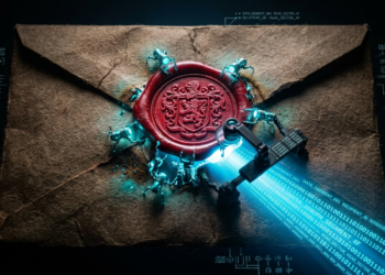 Primer plano de un sobre de papel antiguo, cerrado con un sello de lacre rojo, del que emana una luz digital azulada por una rendija abierta, como si un ojo electrónico lo atravesara sin romperlo. Fondo oscuro, casi negro. El lacre remite al secreto de la correspondencia; la luz fría, a la intrusión. Estilo hiperrealista, iluminación de claroscuro, muy dramático. Paleta: negro, rojo lacre, azul cian frío.