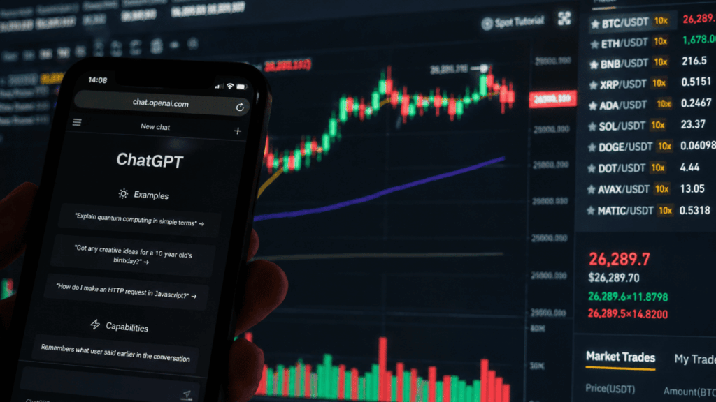 Teléfono con ChatGPT abierto. Imagen de plataforma de trading de criptomonedas.