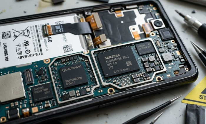Teléfono abierto en el que se observan los chips de memoria.