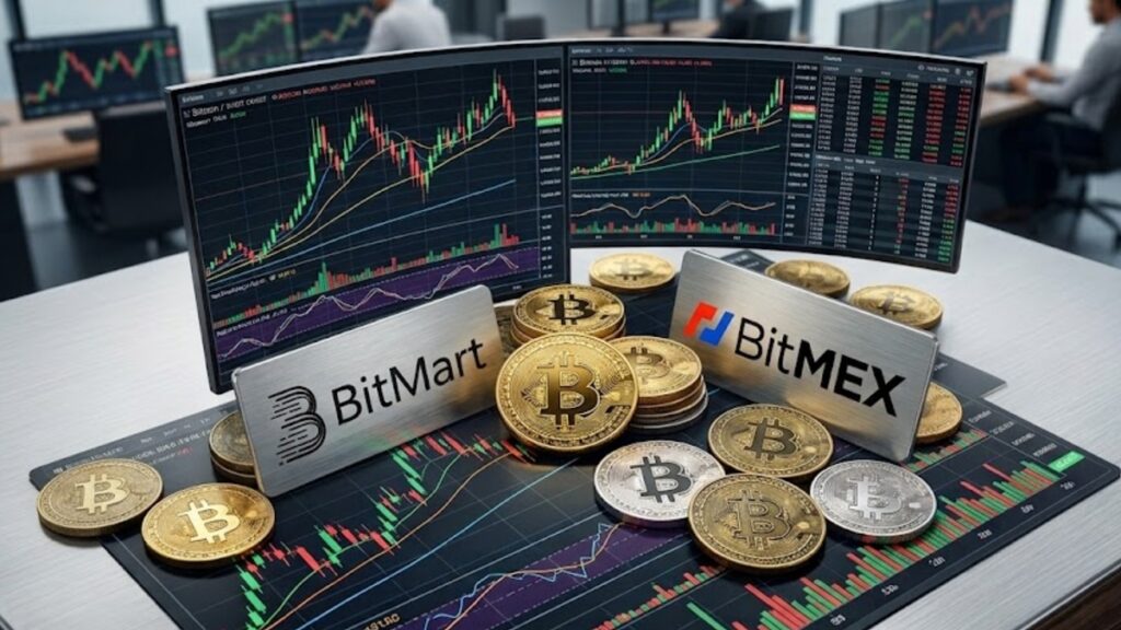 Monedas de bitcoin sobre gráficas de mercado mixtas, con los logos provistos en identificadores a los lados