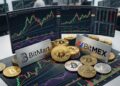 Monedas de bitcoin sobre gráficas de mercado mixtas, con los logos provistos en identificadores a los lados