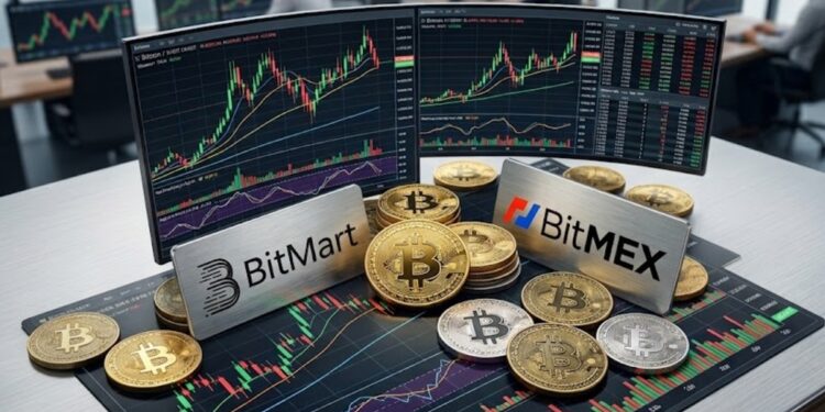 Monedas de bitcoin sobre gráficas de mercado mixtas, con los logos provistos en identificadores a los lados