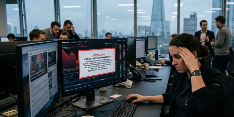 Operadora de criptomonedas preocupada mirando un gráfico rojo con la advertencia de cierre.