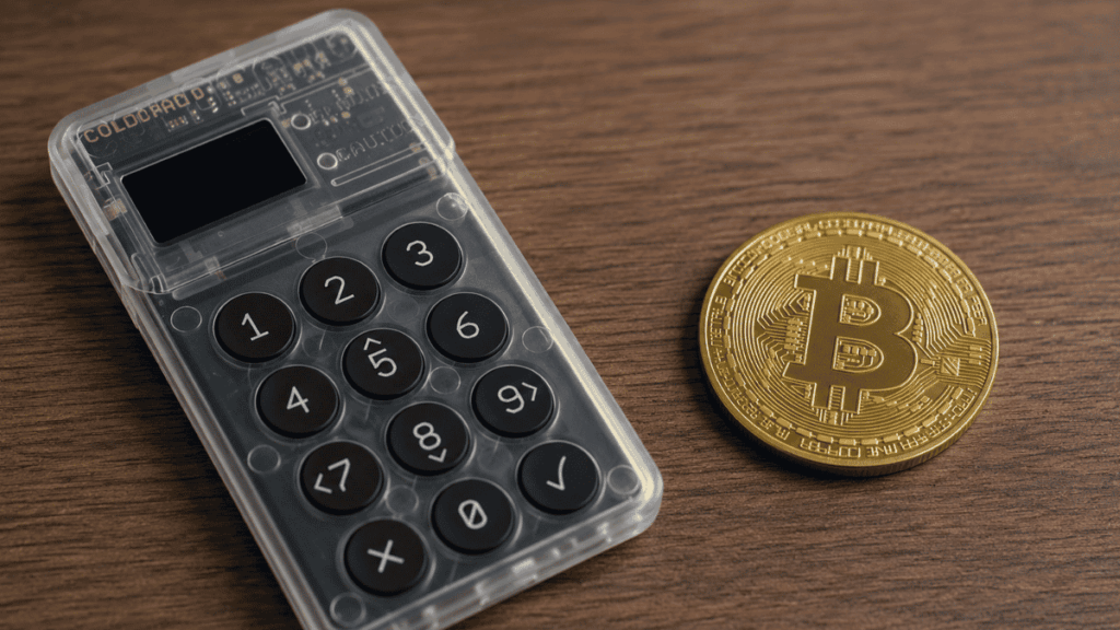 Dispositivo Coldcard y una moneda física de bitcoin sobre una mesa.
