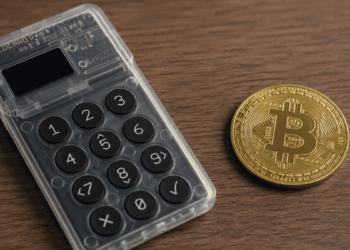 Dispositivo Coldcard y una moneda física de bitcoin sobre una mesa.