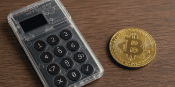 Dispositivo Coldcard y una moneda física de bitcoin sobre una mesa.