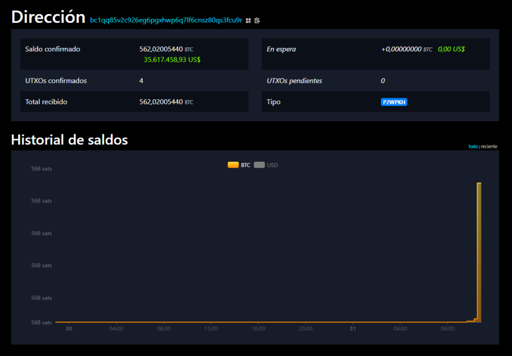 Captura de pantalla en mempool.space de la consolidación de BTC tras el robo a wallets Coldcard