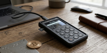 Hardware wallet sobre una mesa.