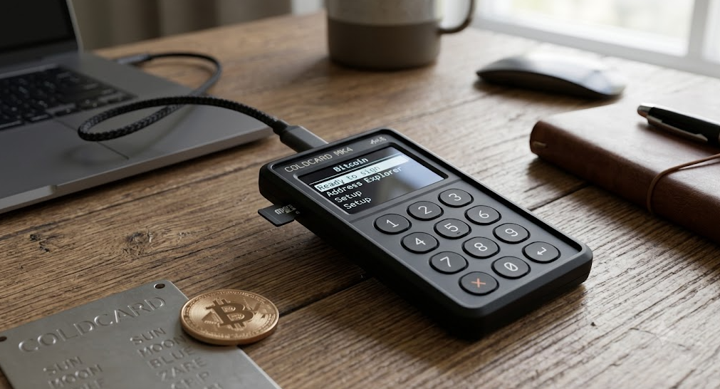 Hardware wallet sobre una mesa.