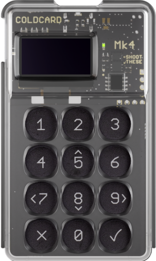 Modelo de wallet Mk4 de Coldcard para almacenar bitcoin.