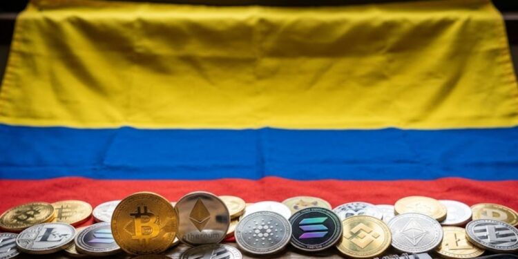 Fotografía de la bandera de Colombia con criptomonedas alrededor.