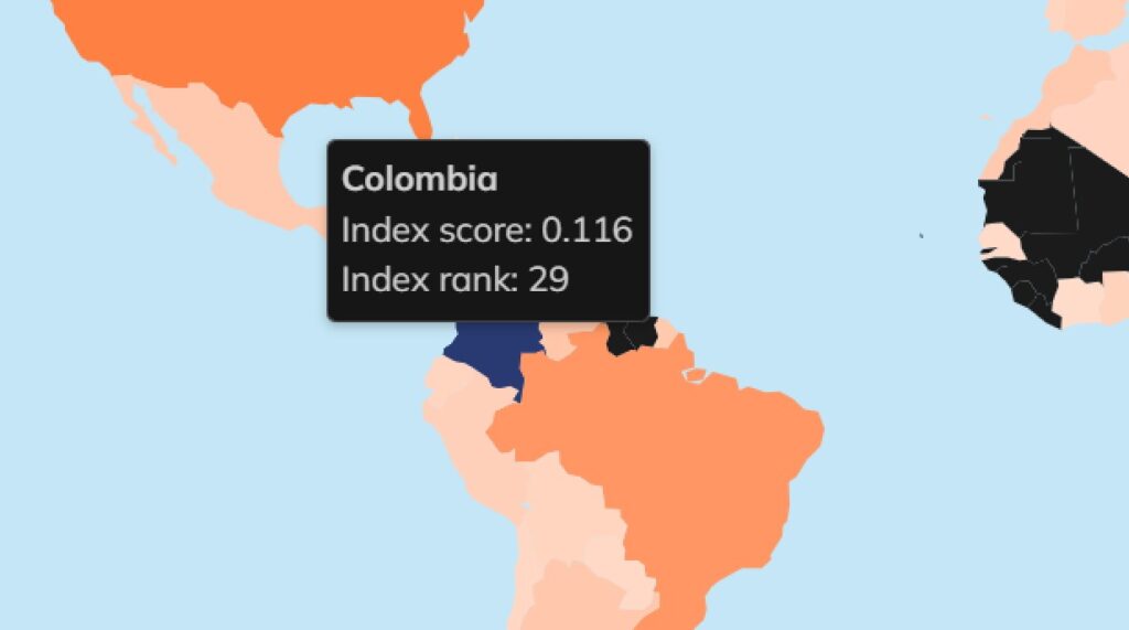 Captura de pantalla de mapa mundi de Latinoamérica con información sobre adopción de criptomonedas en Colombia.
