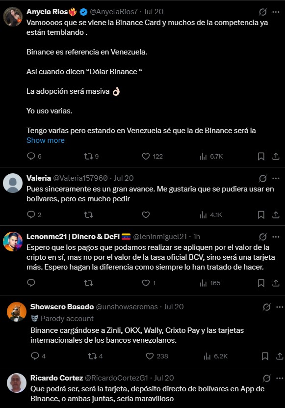 Comentarios de usuarios de X que claman por la tarjeta de Binance en Venezuela.