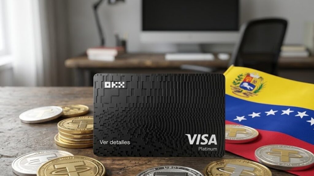 Tarjeta de OKX en una mesa con la bandera de Venezuela y monedas de USDT.
