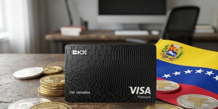 Tarjeta de OKX en una mesa con la bandera de Venezuela y monedas de USDT.
